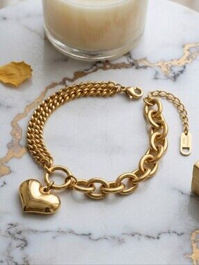 18K Gold Plated Stainless Steel Heart Charm Double Chain Bracelet Coquette 6"